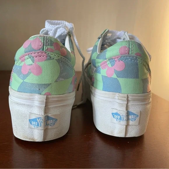 Vans Old Skool Stacked Checkered Floral Blue Platform Shoes - Picture 4 of 7